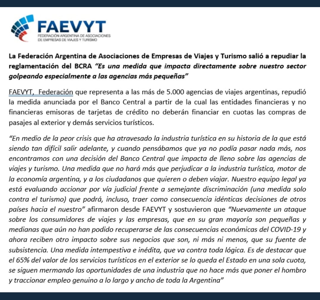 Comunicado de la Federación Argentina de Asociaciones de Empresas de Viaje.